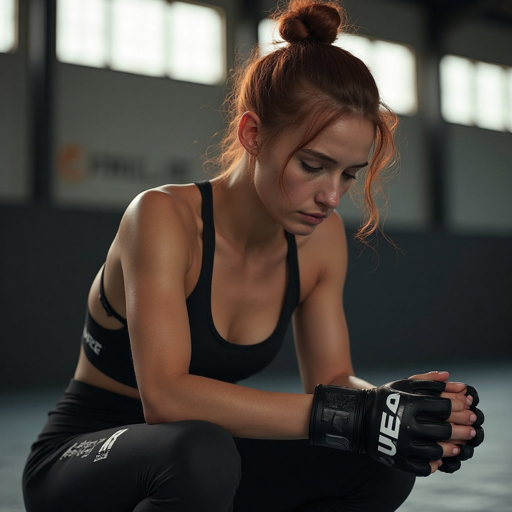 AI-generated photo: **Professional photorealistic portrait.** Amidst the roaring sounds of a training gym, a UFC fighter...