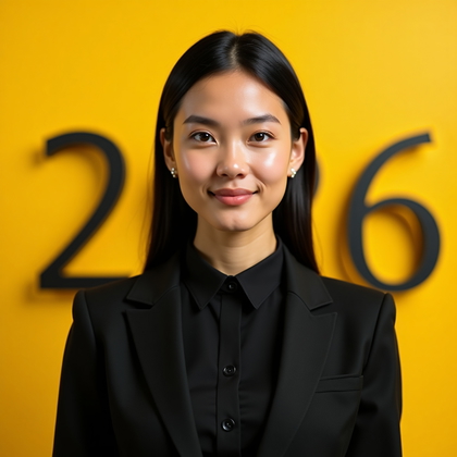 AI-generated photo: Professional headshot: punchy citrus yellow seamless with soft-focus charcoal “2026” numerals oversi...