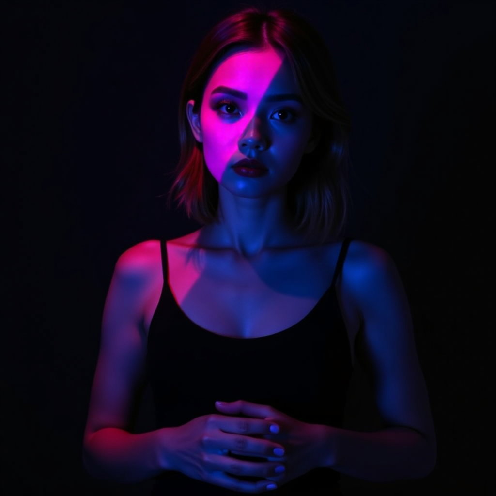 AI-generated photo: Photorealistic studio portrait photograph. The subject stands in a dark studio framed from the waist...