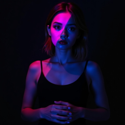AI-generated photo: Photorealistic studio portrait photograph. The subject stands in a dark studio framed from the waist...