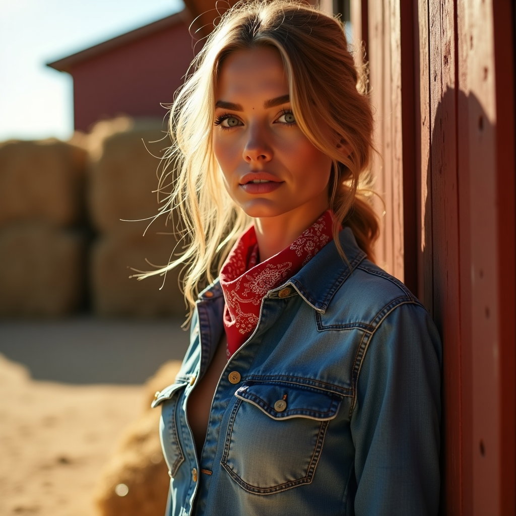 AI-generated photo: Fashion editorial photography, a western-inspired denim and bandana close-up captured in a ranch cou...