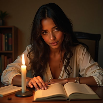 Candlelit Writing Desk Portrait With Ink-Stained Hands example: Photorealistic portrait photography. Profile/avatar crop framed from the shoulders up, with the subject facing slightly