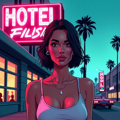 AI-generated photo: Stylized vector poster illustration in the vein of high-gloss GTA promo art, placing the antihero un...