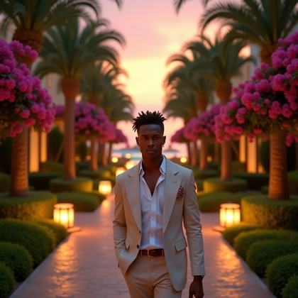 Tropical Garden Walkout Shot example: Photorealistic editorial hero image, wide tropical garden entrance scene with the subject standing at the center of a dr