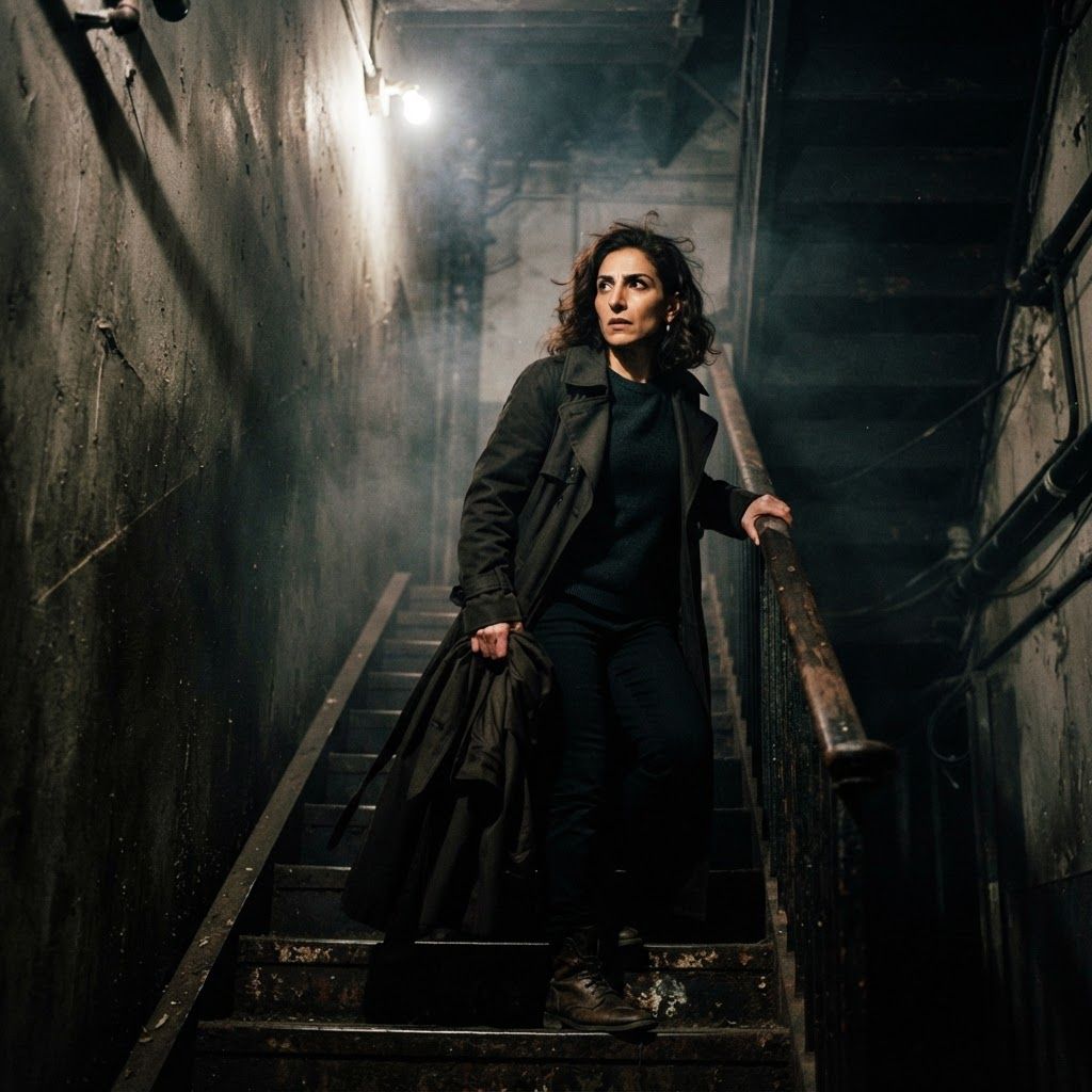 Stairwell Escape: Shadowy back-stair escape portrait, the lone figure paused mid-step and looking back over one shoulder, hand gripping a worn wooden rail,…