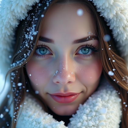 AI-generated photo: Photorealistic close-up winter portrait photo of a face framed tightly with confident, alluring eye ...