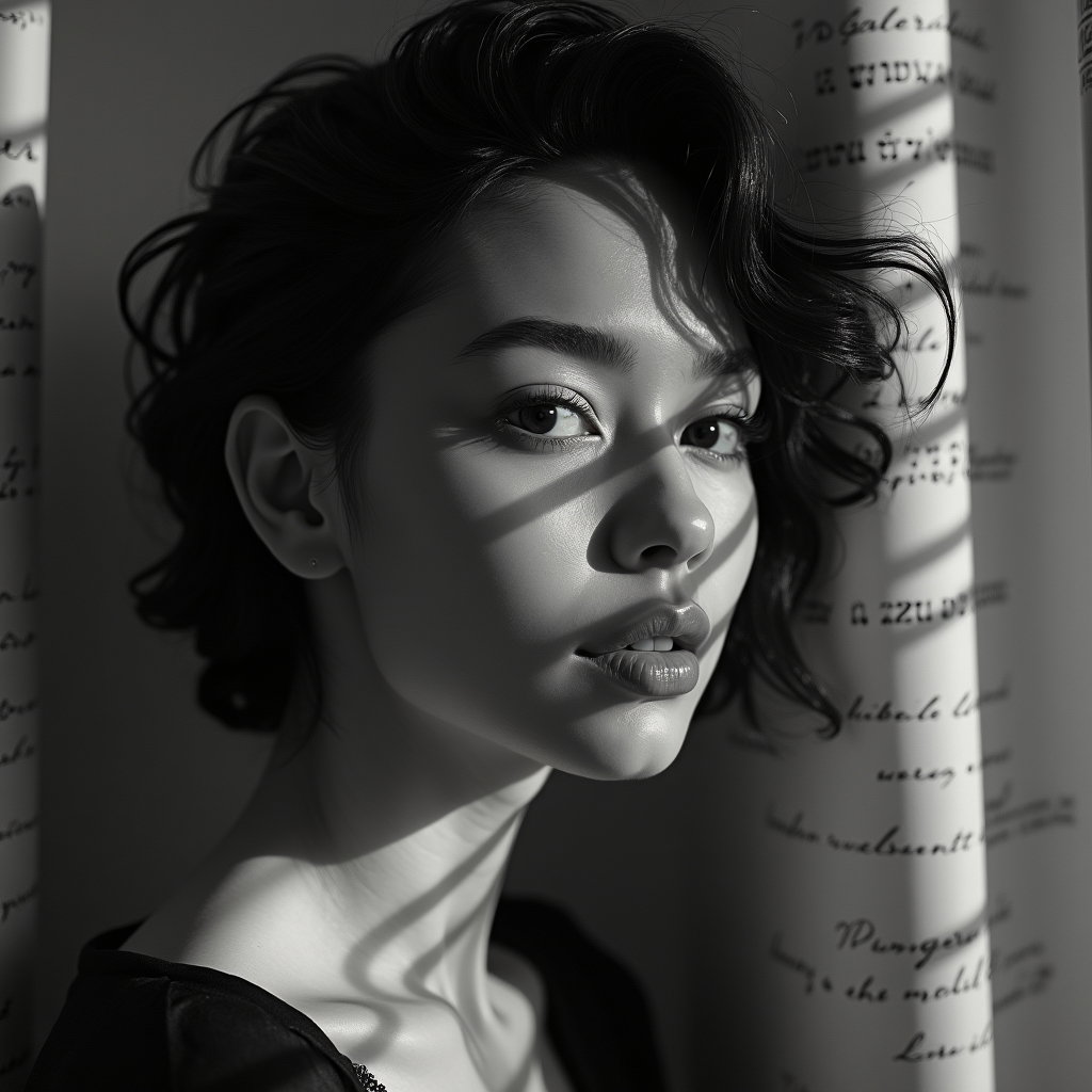 Moody Black-and-White Ballad Album Cover Portraits example: Photorealistic black-and-white album cover portrait. Creative double-exposure style with a clear front-facing face blend