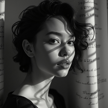 Moody Black-and-White Ballad Album Cover Portraits example: Photorealistic black-and-white album cover portrait. Creative double-exposure style with a clear front-facing face blend