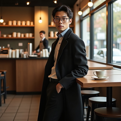 AI-generated photo: Photorealistic lifestyle fashion photography. A refined portrait inside a modern Japanese café with ...