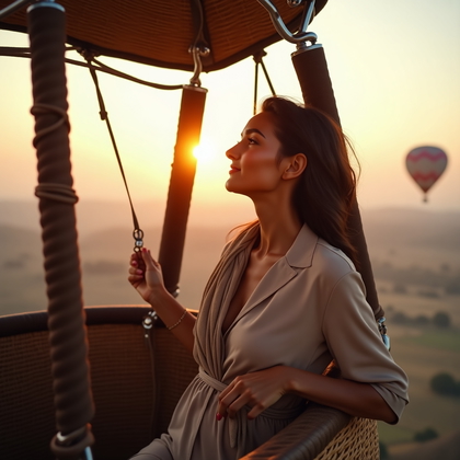 AI-generated photo: Photorealistic travel lifestyle photography: sunrise over rolling valleys from a hot-air balloon bas...