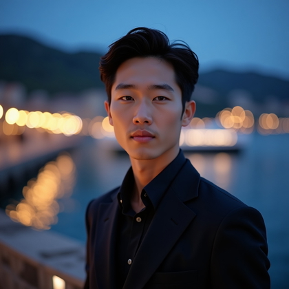 Elegant Waterfront Evening Portraits example: Photorealistic portrait photography. Square profile/avatar crop at an elegant waterfront overlook, the subject framed fr