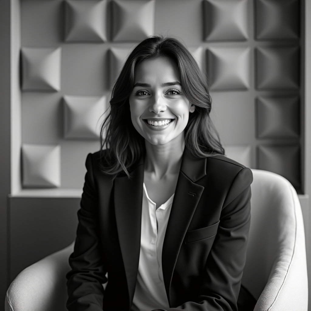 AI-generated photo: Professional black-and-white headshot photography in an innovation lab lounge framed by geometric ac...
