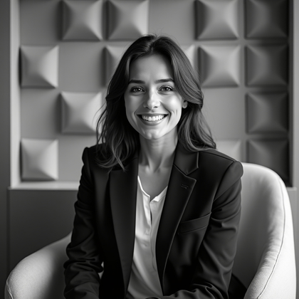 AI-generated photo: Professional black-and-white headshot photography in an innovation lab lounge framed by geometric ac...