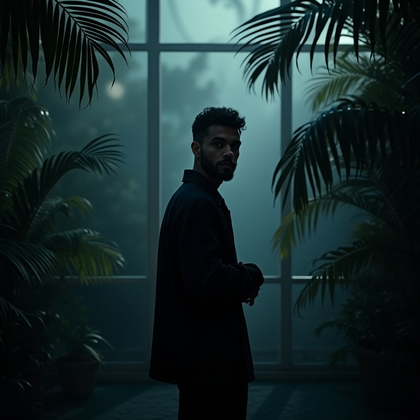 AI-generated photo: Photorealistic location portrait in a nighttime greenhouse where a palm-frond gobo carves serrated l...