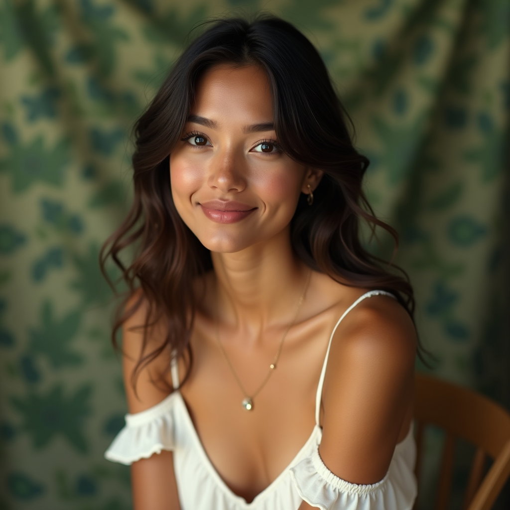 AI-generated photo: Photorealistic studio portrait photography, seated three-quarter crop on a stool at a slight angle, ...
