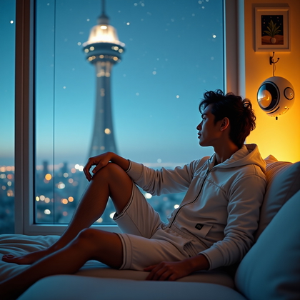 AI-generated photo: Photorealistic lifestyle portrait photography in a minimalist, high-tech apartment with floor-to-cei...