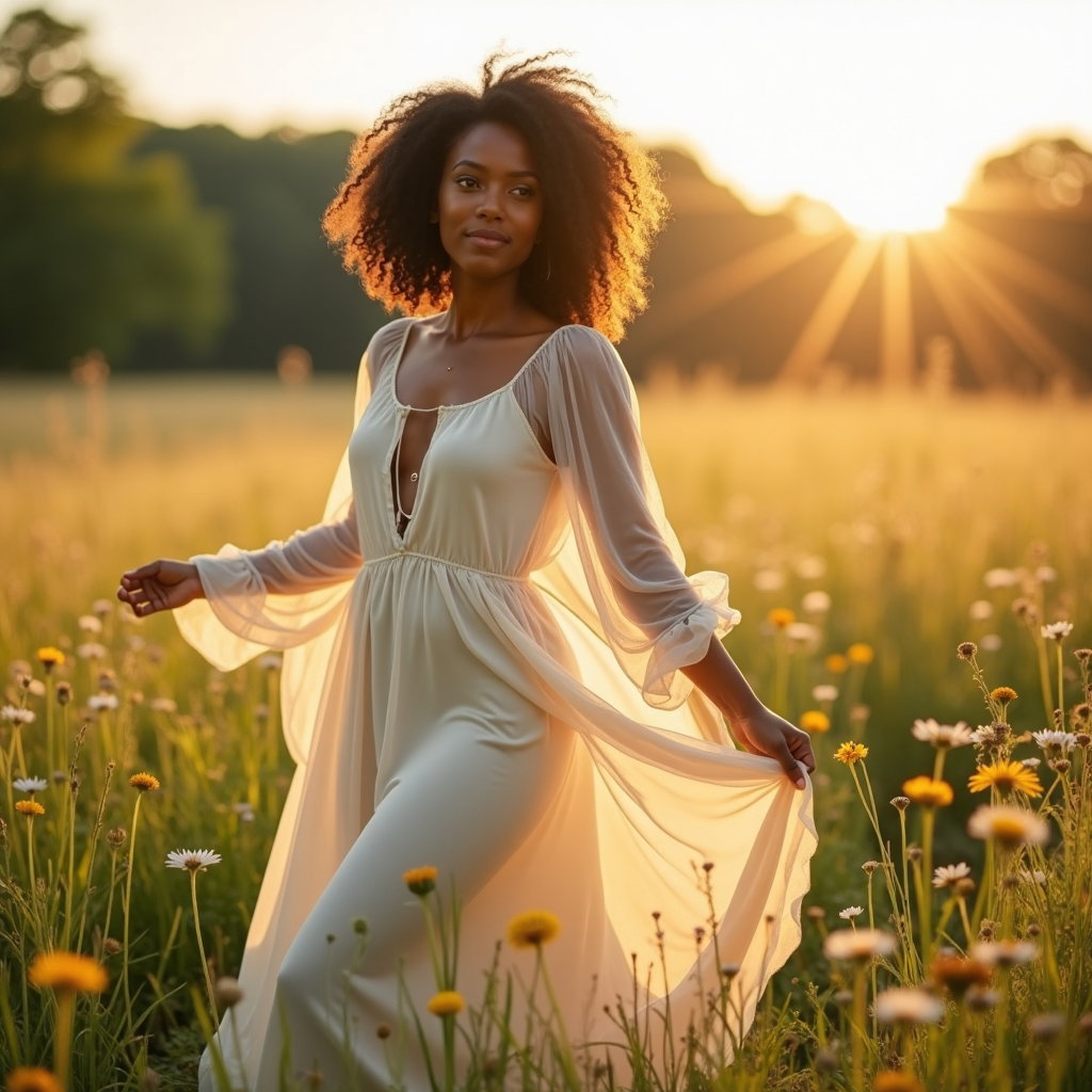 Demi-tour dans la prairie : photo personnelle verticale cadrée du mi-corps jusqu’aux pieds dans une prairie ensoleillée, avec une seule personne visible saisie en plein demi-tour dans des herbes hautes jusqu’à la taille, une main soulevant…