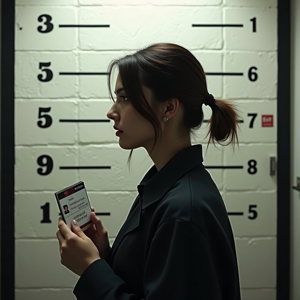 AI-generated photo: Photorealistic intake photography styled as a cinematic side-profile mugshot, where the person stand...
