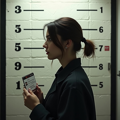 AI-generated photo: Photorealistic intake photography styled as a cinematic side-profile mugshot, where the person stand...