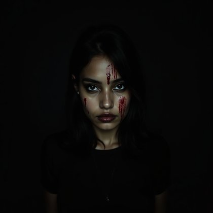 Blood-Streaked Final Girl Close-Up example: Cinematic horror portrait photo, editorial hero image of a survivor centered against a pitch-black background, face clea