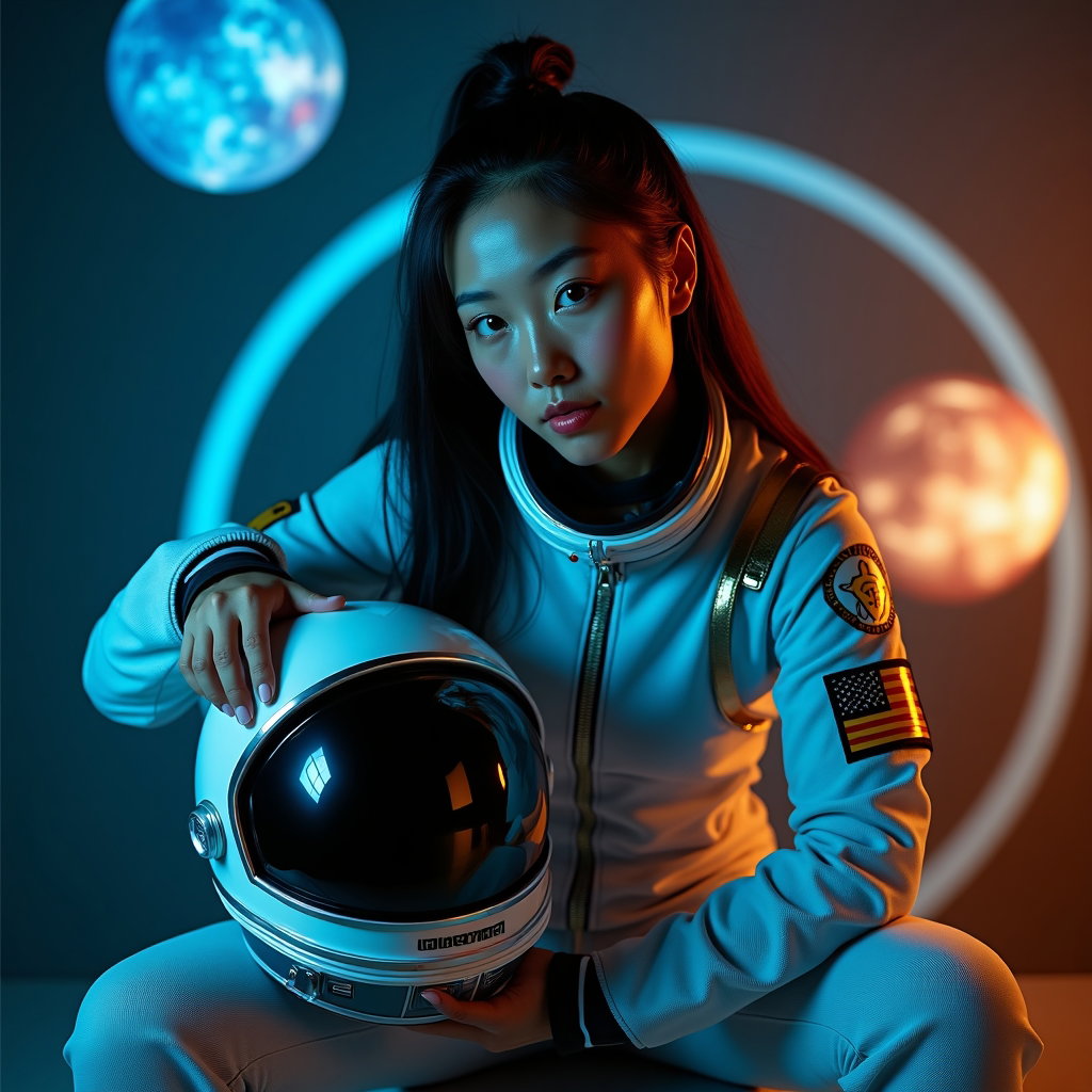 AI-generated photo: Photorealistic studio portrait photography of a person in a stylish, body-contouring astronaut suit ...