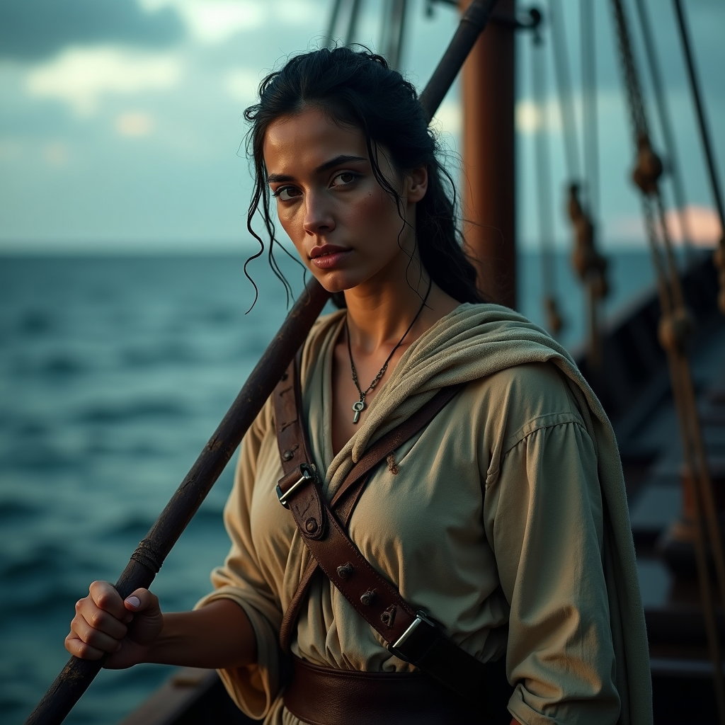 Solo Odysseus Storm Survivor Portrait example: Cinematic mythological portrait photography, a half-body portrait of a lone Greek hero gripping a weathered wooden oar a