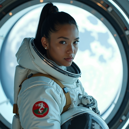 AI-generated photo: Photorealistic portrait photography, inside a sleek lunar habitat common module with panoramic moon-...