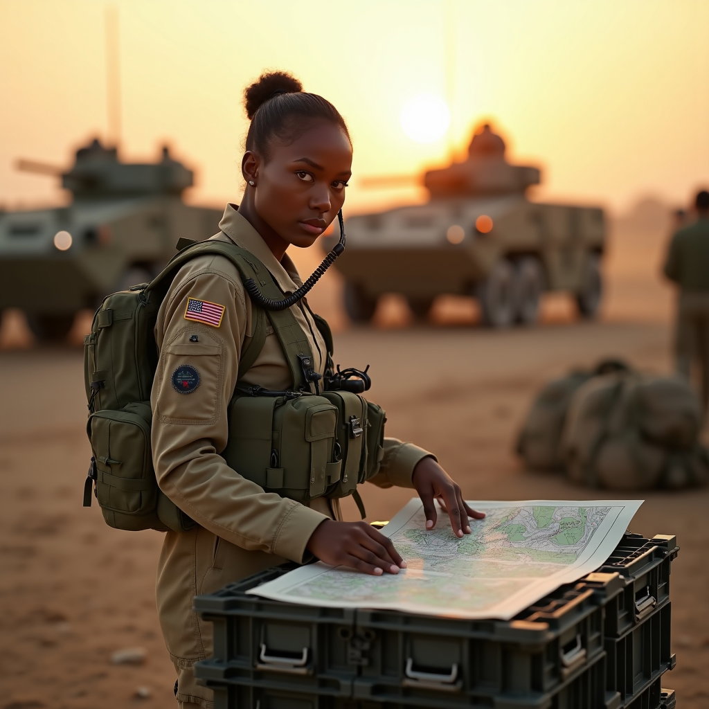 AI-generated photo: Photorealistic military field photography. At golden hour in a dusty training range, a tactical lead...