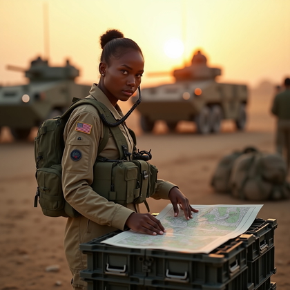 AI-generated photo: Photorealistic military field photography. At golden hour in a dusty training range, a tactical lead...