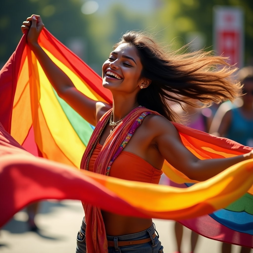Heritage-Inspired Pride Portraits That Blend Culture and Identity example: Photorealistic motion portrait photography. The subject is captured mid-turn while a colorful heritage-inspired scarf, s