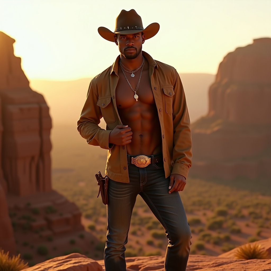 AI-generated photo: Photorealistic fashion photography, a seductive cowboy fashion scene set in a canyon overlook at gol...