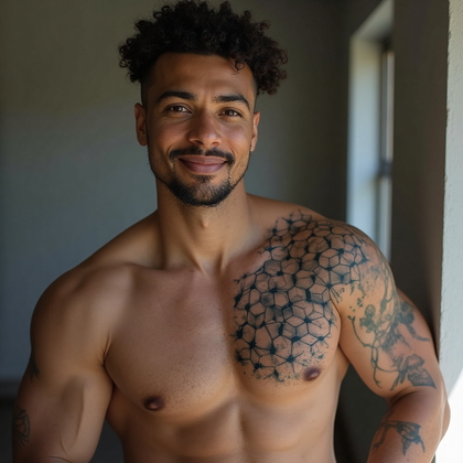 AI-generated photo: Photorealistic photography capturing the allure of modern minimalist tattoo art on a 33-year-old man...