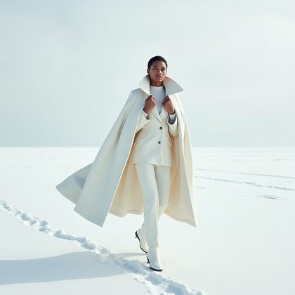 AI-generated photo: Photorealistic fashion editorial photo on an open snow plain with a seamless white sky where the sub...