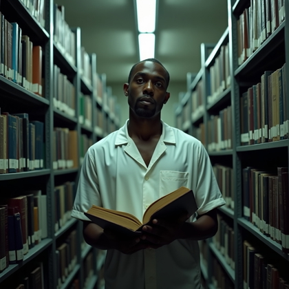 AI-generated photo: Photorealistic prison photography, close-up three-quarter body shot inside a prison library, subject...