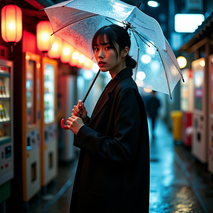 AI-generated photo: Fashion editorial street photography, a clear-faced portrait beneath a transparent umbrella in a nar...