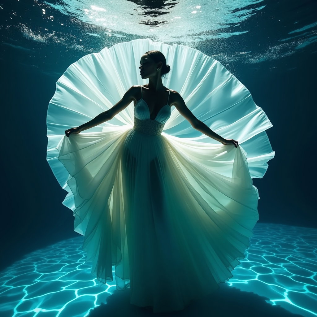 AI-generated photo: Photorealistic underwater fashion photography, full-body portrait of a person mid-swirl as a sheer, ...