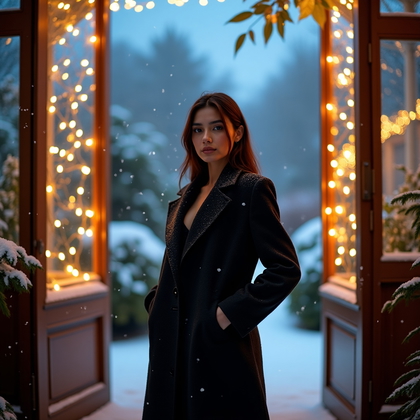 AI-generated photo: Photorealistic editorial portrait photo outside a glowing conservatory at blue hour, subject centere...