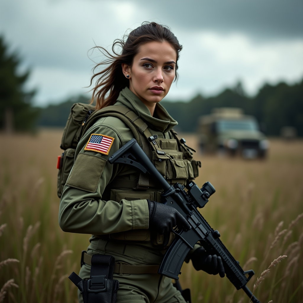 AI-generated photo: Photorealistic military portrait photograph, subject in full tactical combat loadout moving through ...