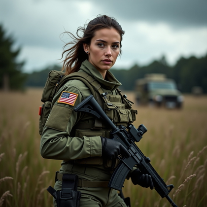 AI-generated photo: Photorealistic military portrait photograph, subject in full tactical combat loadout moving through ...