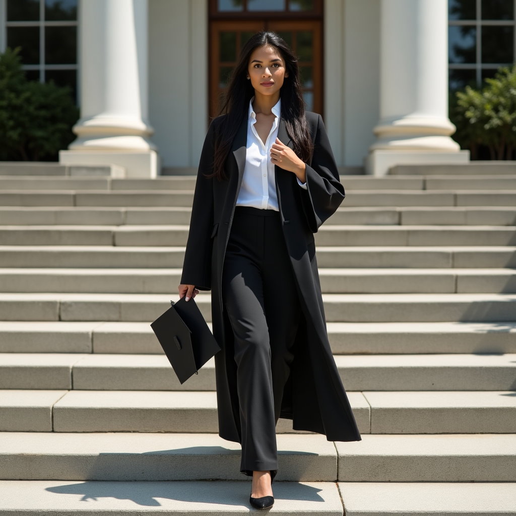 AI-generated photo: Fashion editorial photography, a high-impact graduation walking portrait set on broad campus steps t...