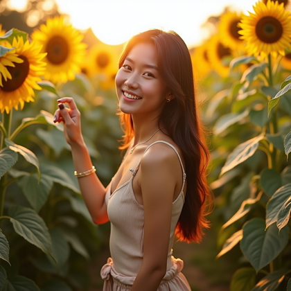 Photorealistic lifestyle selfie photo standing along a path through a tall sunflower field at golden hour, blooms towering around and a low sun flaring through leaves to create a clean halo edge; arm extended slightly above eye level for a flattering angle while the other hand lightly touches a stem for tactile interest, gaze engaged with a warm, flirty expression. Styling hits a breezy, fitted outfit in warm neutrals with delicate jewelry, while the background melts into creamy, sun-dappled bokeh for an irresistibly romantic vibe.