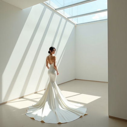 AI-generated photo: Photorealistic wedding photography inside a minimalist art museum atrium, where geometric skylight b...