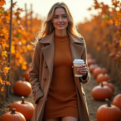 AI-generated photo: Photorealistic lifestyle fashion photo: cozy fall outfit at a pumpkin patch—fitted ribbed sweater dr...