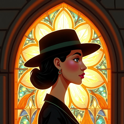 AI-generated photo: Cut-paper collage caricature illustration: beneath a cathedral rose window at high noon, sunlight po...