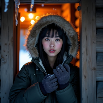 AI-generated photo: Photorealistic lifestyle headshot. In a rustic cabin doorway at dusk, the subject stands in the thre...