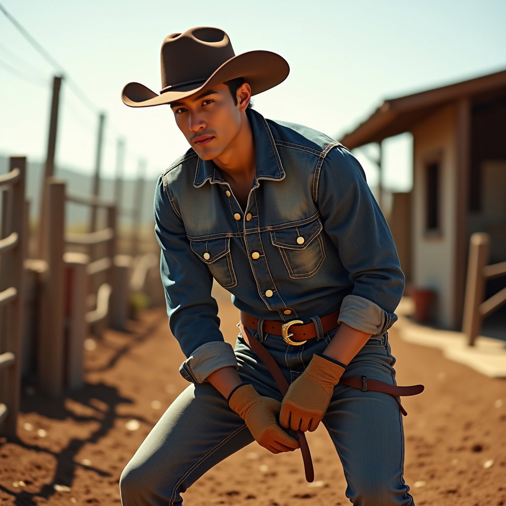 AI-generated photo: Photorealistic fashion photography. A bold rugged workwear action portrait takes place in a sunlit p...