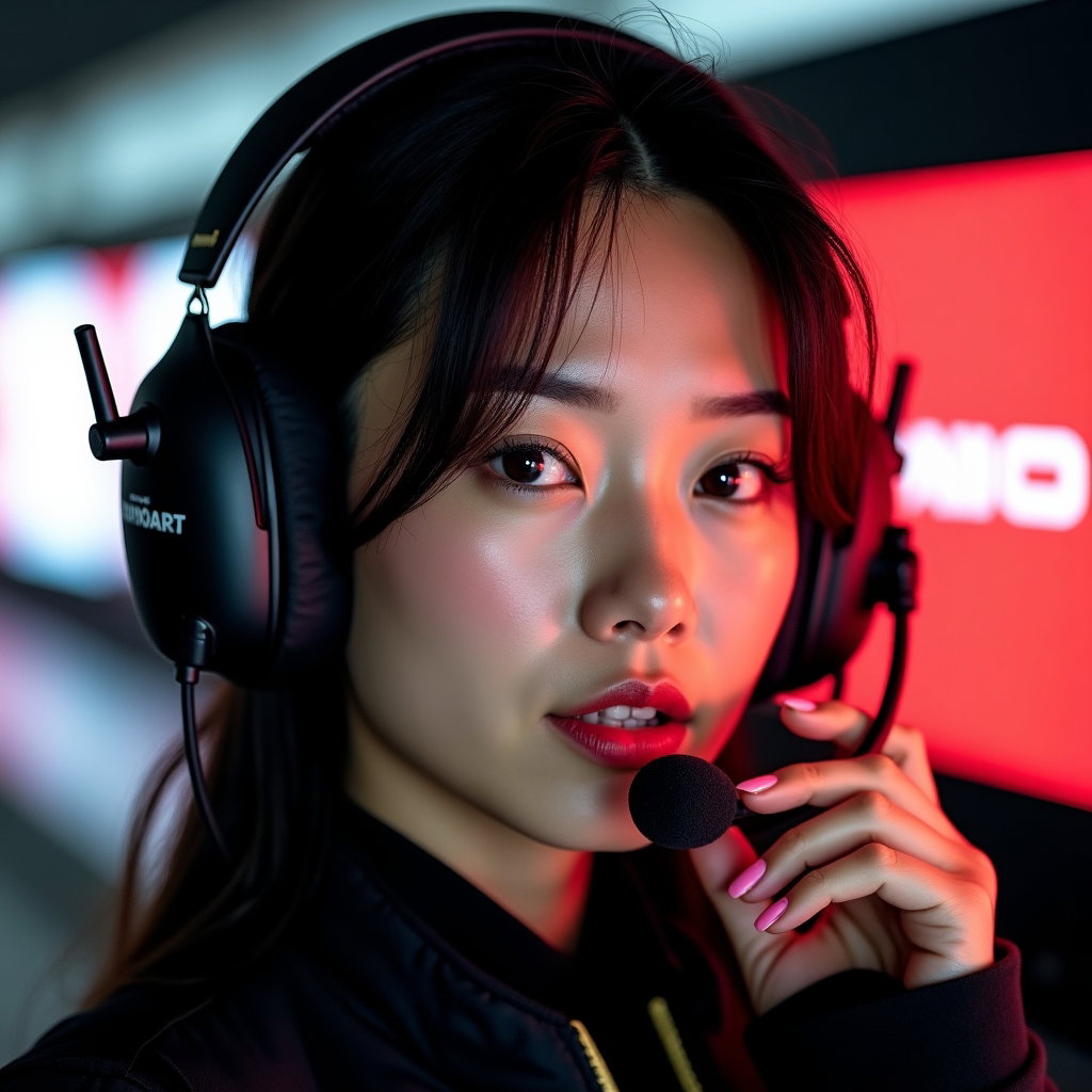 Pit Wall Headset Strategist Close-Up example: Photorealistic motorsport portrait photography. Tight close-up of a pit wall strategist wearing a logo-free team headset