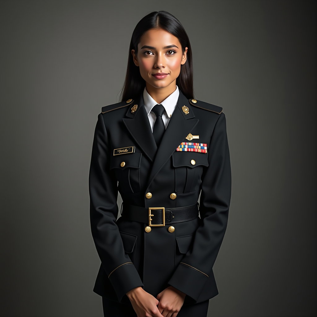 AI-generated photo: Photorealistic studio portrait photography. A sophisticated, fashion-conscious formal service portra...