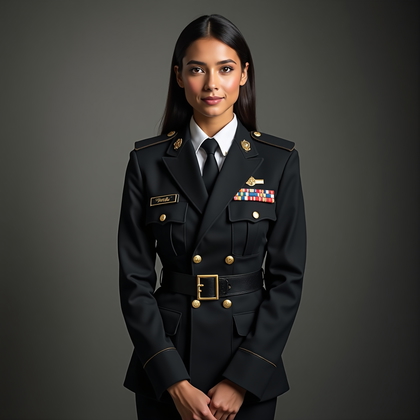 AI-generated photo: Photorealistic studio portrait photography. A sophisticated, fashion-conscious formal service portra...