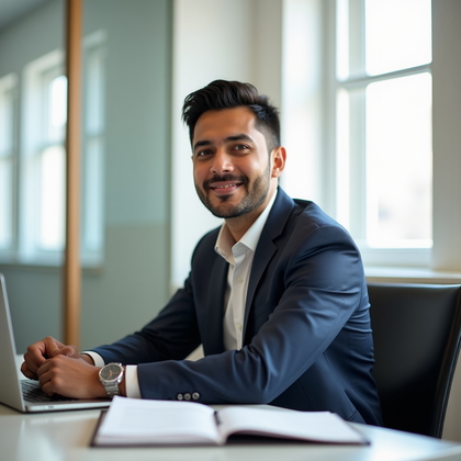 AI-generated photo: LinkedIn photo in a bright corner office with matte white walls and light wood accents, subject seat...